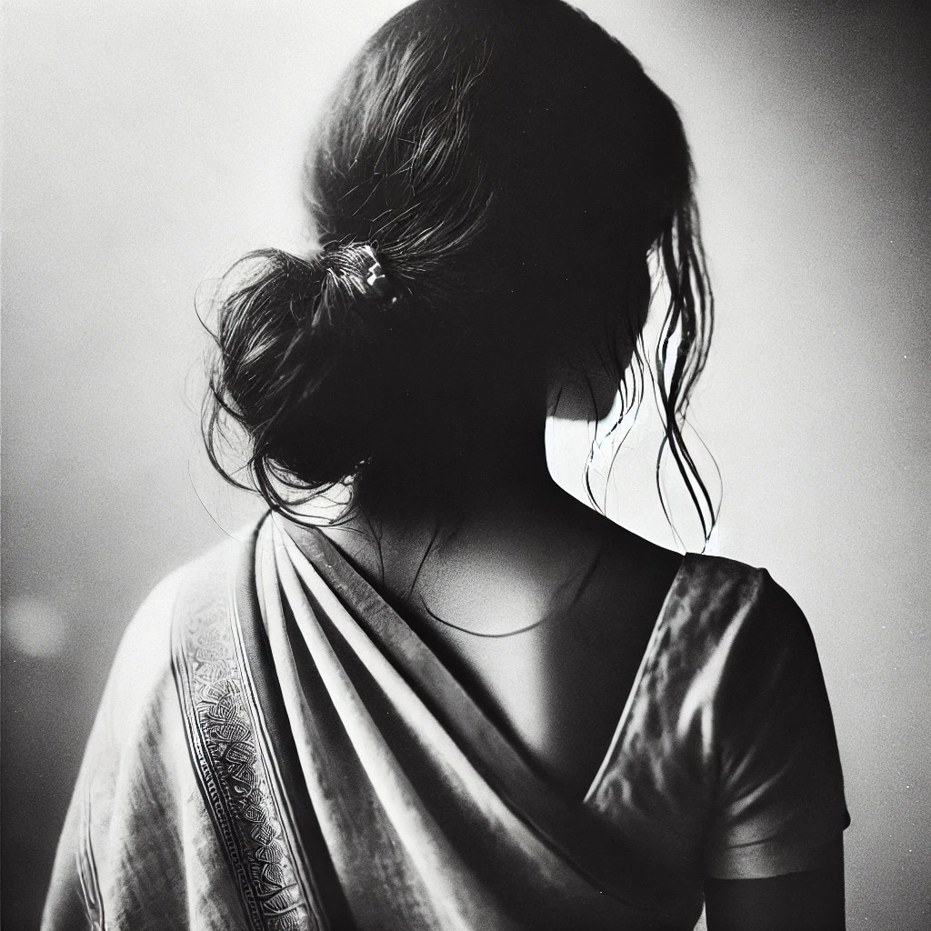 Back profile of an Indian woman wearing a sari, her hair tied in a messy bun.